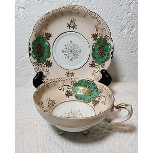 Vintage Shafford Japanese Handpainted Footed Cup & Saucer. Pink & Green. Gold